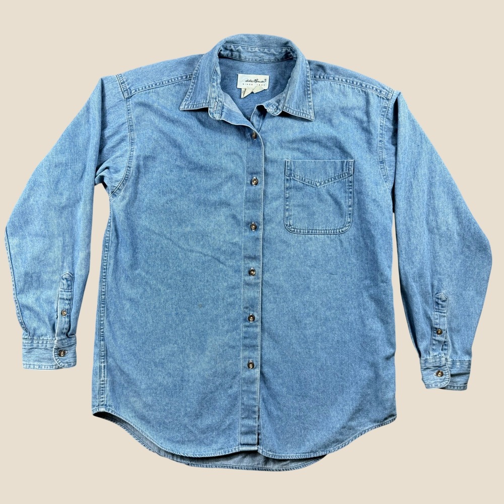 Vintage Eddie Bauer Denim Shirt Womens M Blue Long Sleeve Button Down Chambray